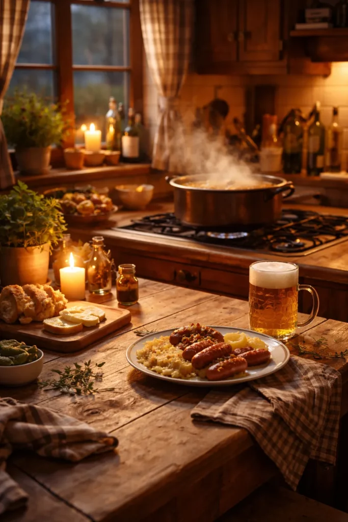 10 Easy German Recipes for a Cozy Dinner 12 Cozy kitchen with simmering pot and warm light