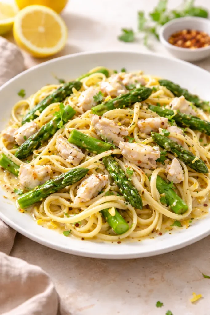 Linguine with crab and asparagus in lemon butter