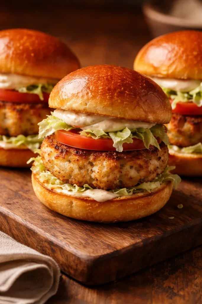 Close-up of three crab cake sliders on toasted brioche buns with remoulade, iceberg, and tomato on a wooden board
