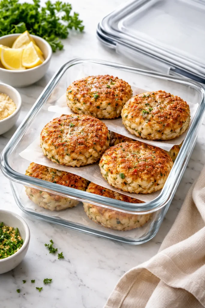 Cooked crab cakes in an airtight glass container with parchment between layers