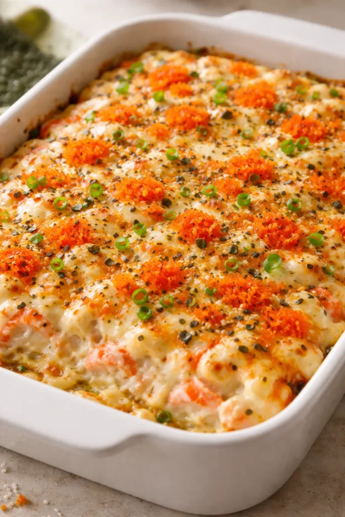 Cream cheese and crab sushi bake filling in baking dish
