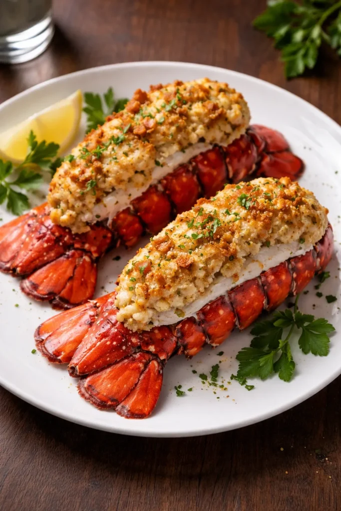 Close-up of crab-stuffed lobster tails on a plate
