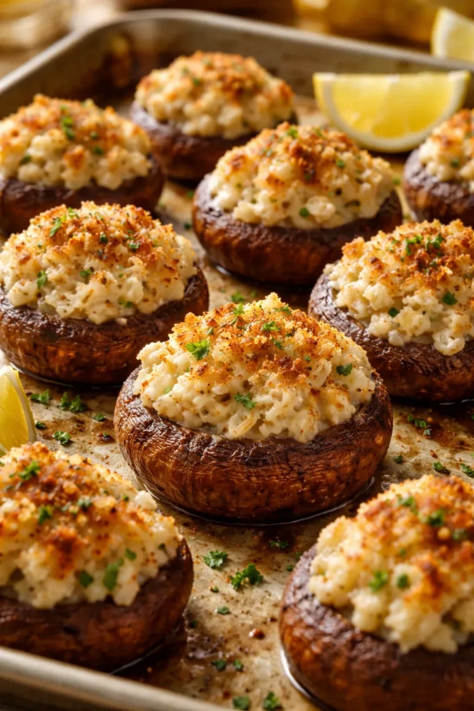 Crab stuffed mushrooms with creamy filling and golden top