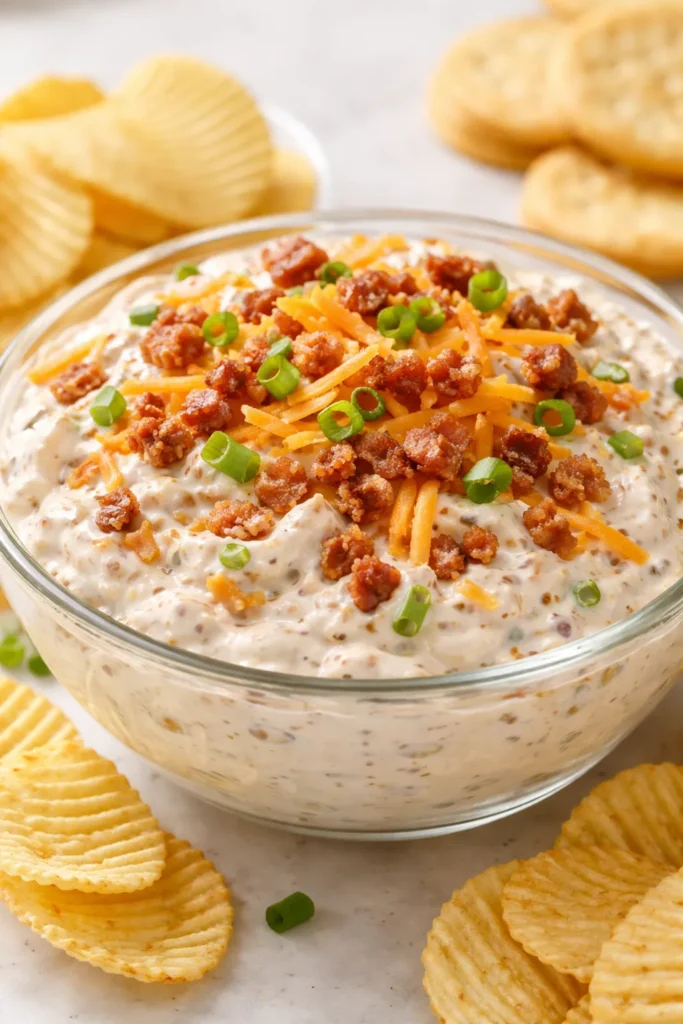 Creamy crack dip with bacon and cheddar in a bowl