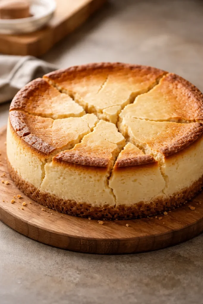How to Bake a Rich Cheesecake Without Cracking 1 Close-up of a cracked cheesecake surface with visible fissures