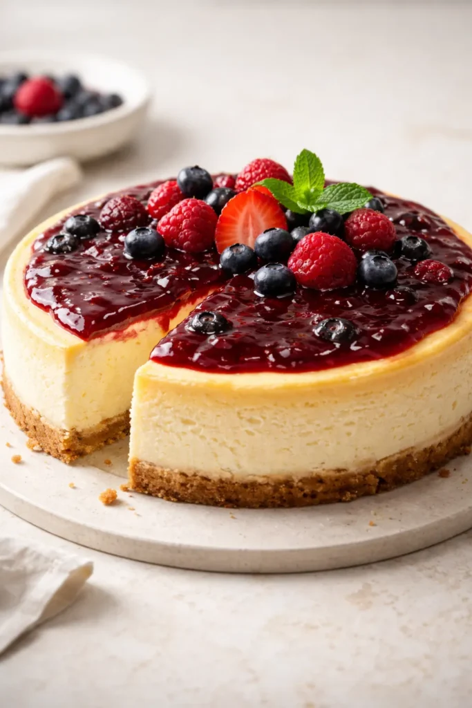 How to Bake a Rich Cheesecake Without Cracking 10 Cracked cheesecake surface with berry sauce on top