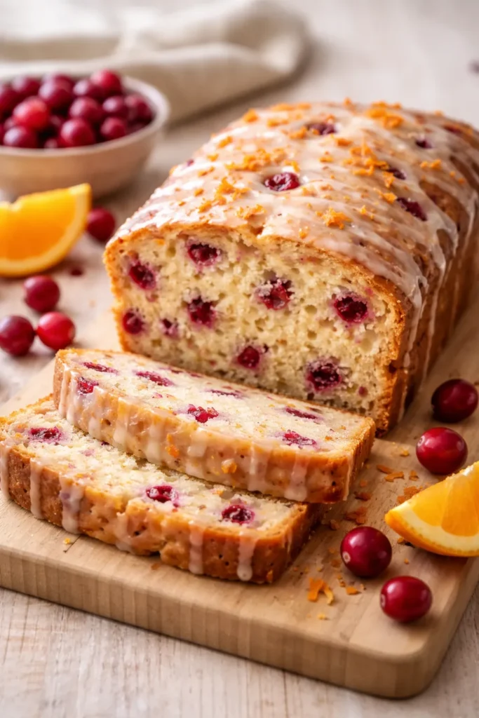 12 Make-Ahead Breakfast Breads for Weekdays 7 Cranberry bread loaf with cranberries and glaze on wooden surface