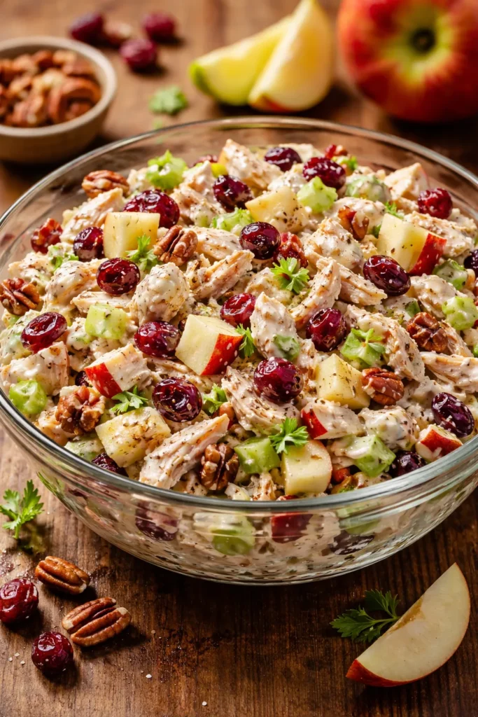 Cranberry pecan apple chicken salad with apples and cranberries in a glass bowl