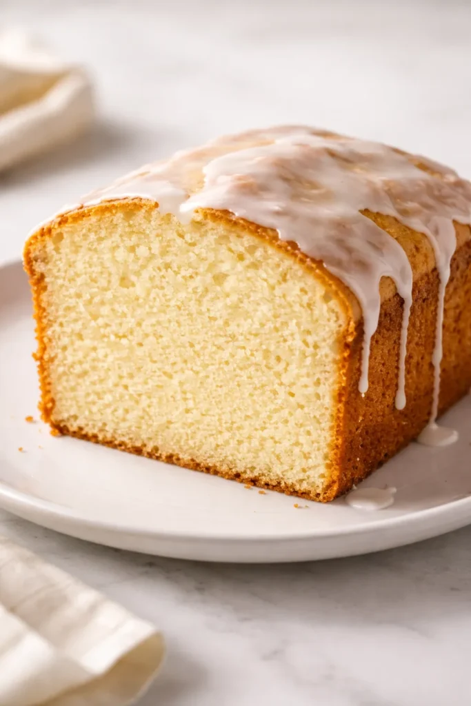 15 Easy Cream Cheese Dessert Recipes 4 Slice of cream cheese pound cake with light glaze on a plate