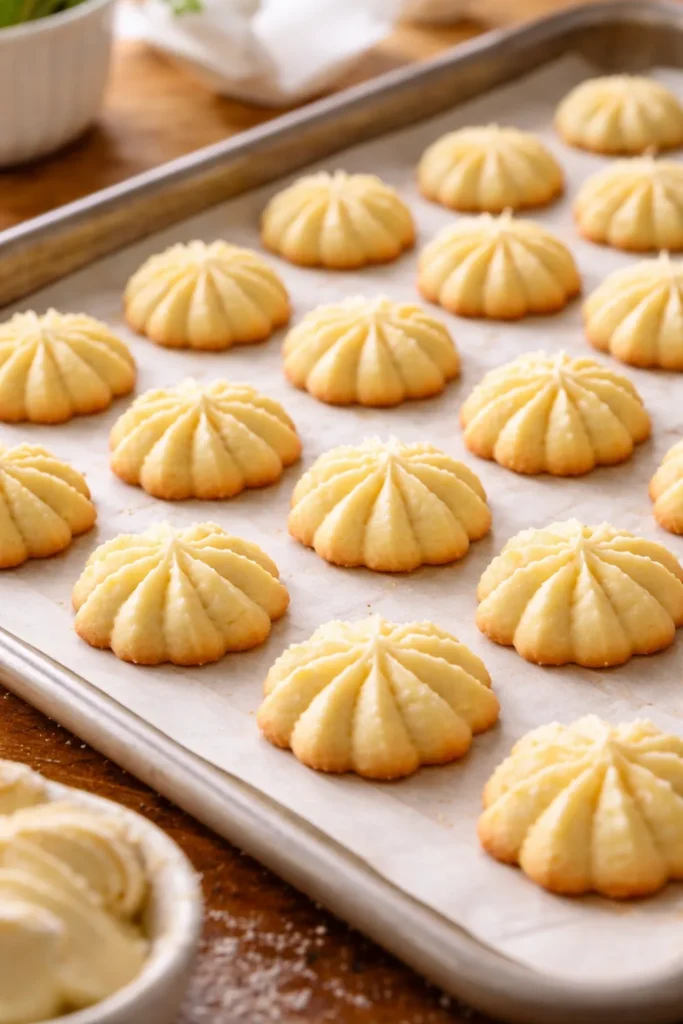 15 Easy Cream Cheese Dessert Recipes 7 Close-up of delicate cream cheese spritz cookies on parchment