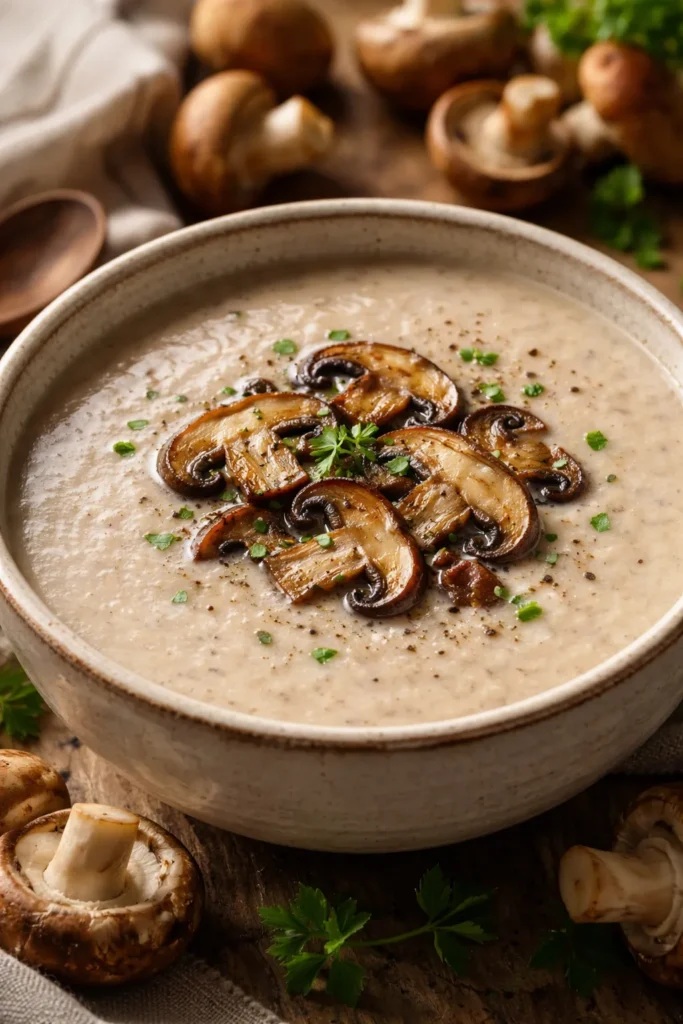 10 Homemade Soup Recipes for Any Season 11 Cream of mushroom soup in a bowl topped with mushroom slices