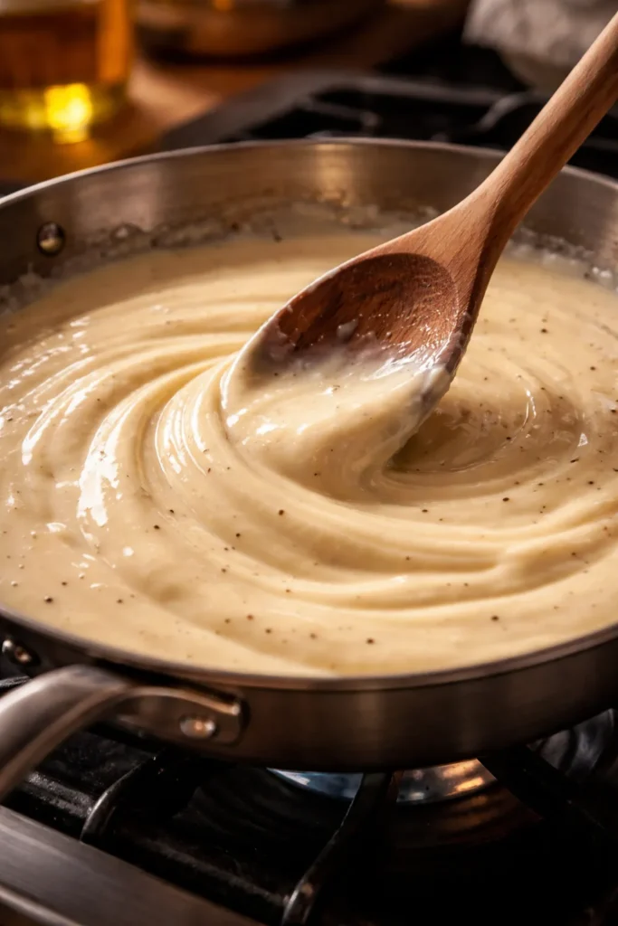 Whisking creamy sauce in a pan to improve texture