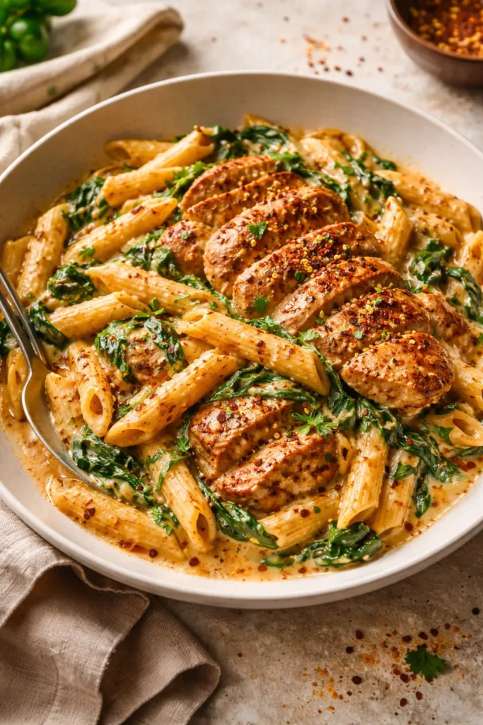 12 Easy Weekend Dinners for a Chill Night 3 Plate of creamy Cajun chicken pasta with spinach and peppers
