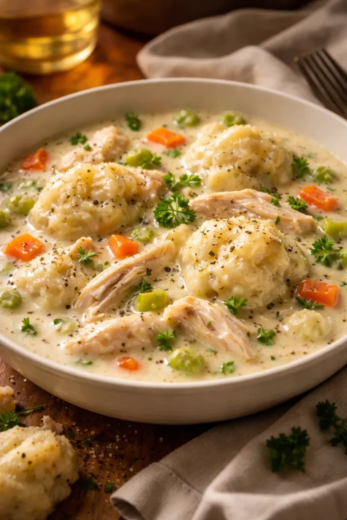 8 Chicken and Dumpling Recipes Like Grandma's 5 Creamy chicken and dumplings in a bowl with a velvety broth