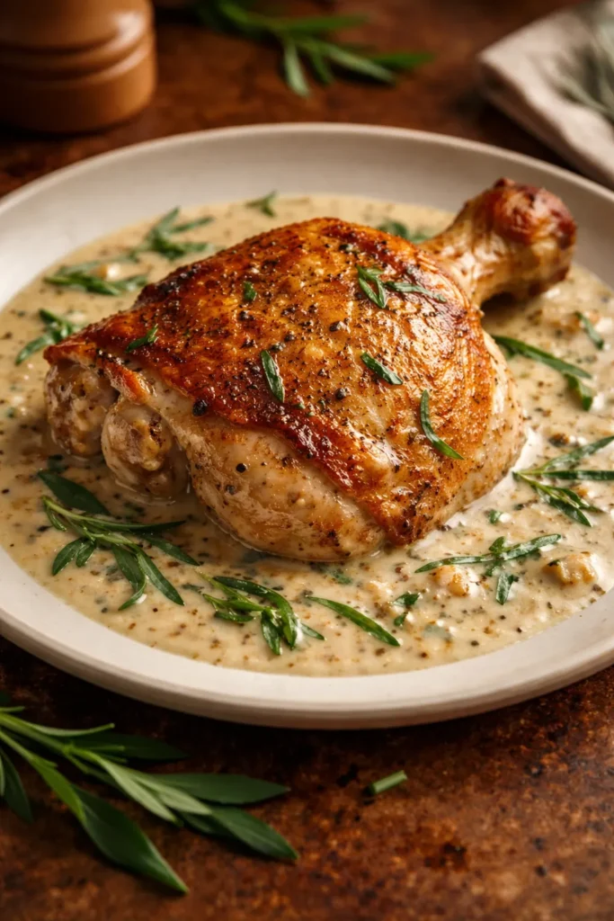 10 Easy Dinners for One That Feel Like a Treat 4 Juicy chicken thigh with creamy tarragon sauce on plate
