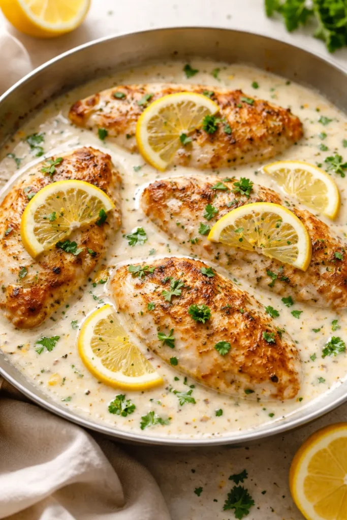 8 Easy Lemon Chicken Recipes for Weeknights 5 Creamy lemon chicken in a rich white sauce with fresh herbs and lemon slices