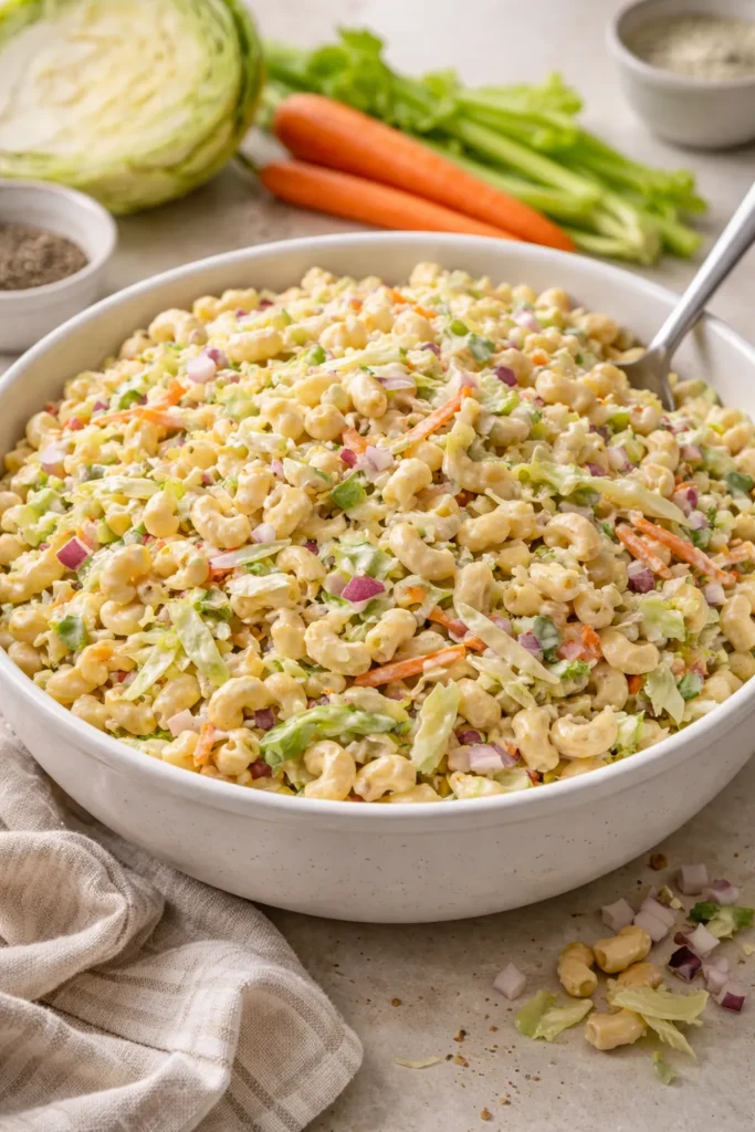 8 Potluck Recipes Everyone Asks You to Bring 4 Creamy macaroni salad with shredded cabbage and carrots in a bowl