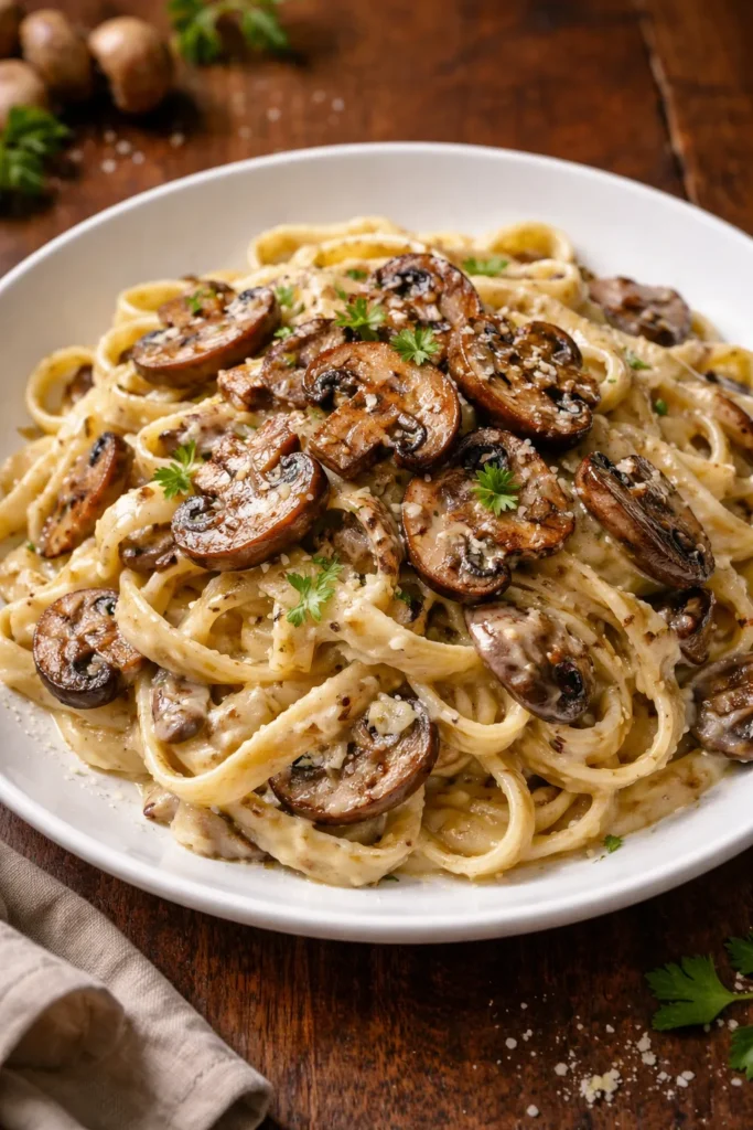 12 Easy Pasta Dinners Better Than Takeout 7 Close-up of creamy mushroom pasta with browned mushrooms on a plate