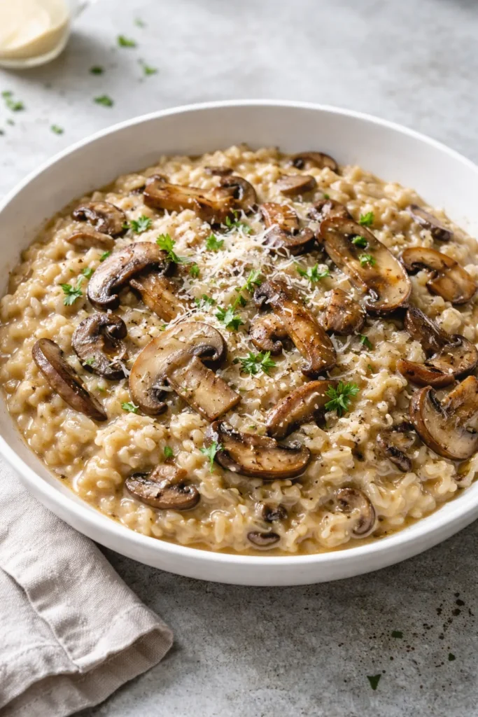 Creamy mushroom risotto in a bowl with mushrooms and Parmesan.