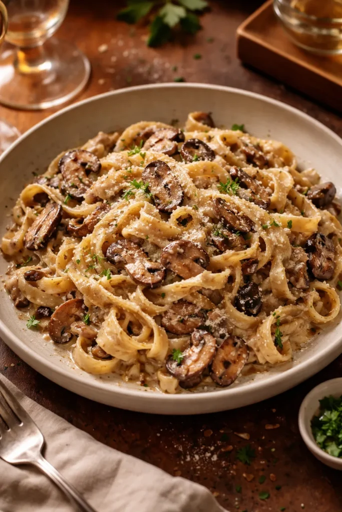 Creamy mushroom tagliatelle with mixed mushrooms in a rich sauce