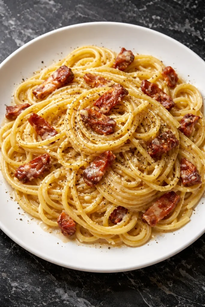 Creamy spaghetti carbonara on a plate with guanciale and pepper