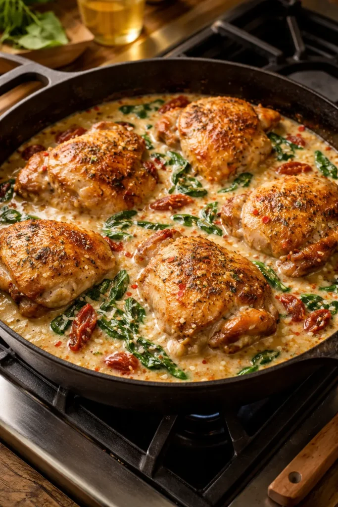 8 Stovetop Dinners When You're Short on Time 5 Skillet with creamy Tuscan chicken, sun-dried tomatoes and spinach