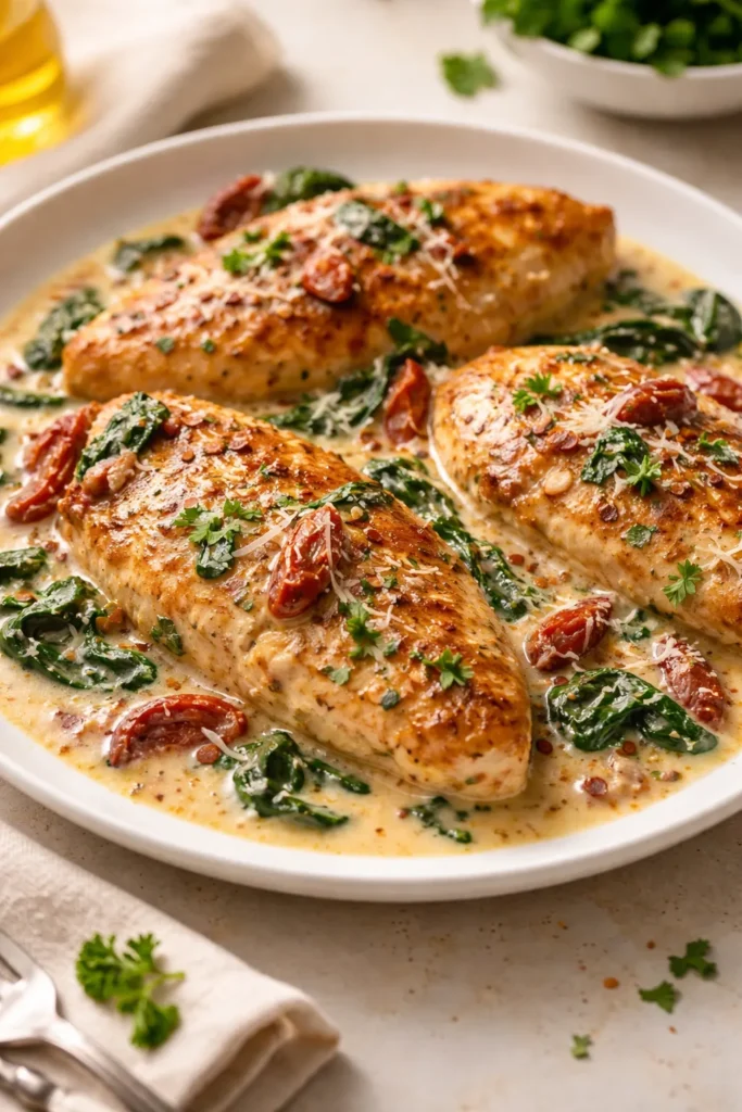 Creamy Tuscan chicken with sun-dried tomatoes and spinach.
