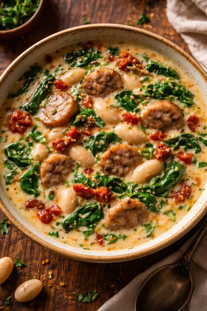 Creamy Tuscan White Bean and Sausage Soup close-up in a rustic bowl with sausage, beans, spinach, and sun-dried tomatoes