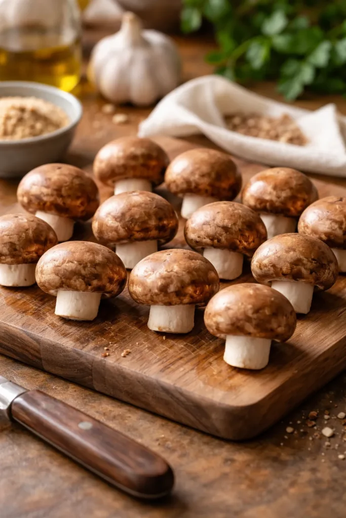 Uniform cremini mushrooms on a wooden board, ready for stuffing