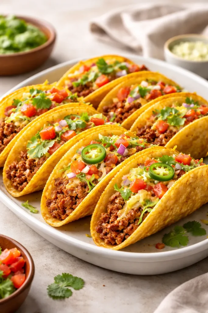 12 Mexican Dinner Recipes for Taco Night 11 Crispy baked ground beef tacos arranged upright