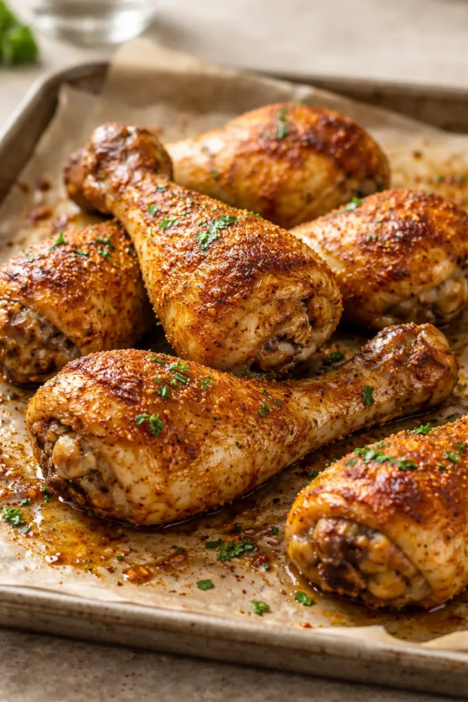 10 Crispy Chicken Drumstick Recipes for Dinner 1 Close-up of crispy baked drumsticks with golden skin on parchment