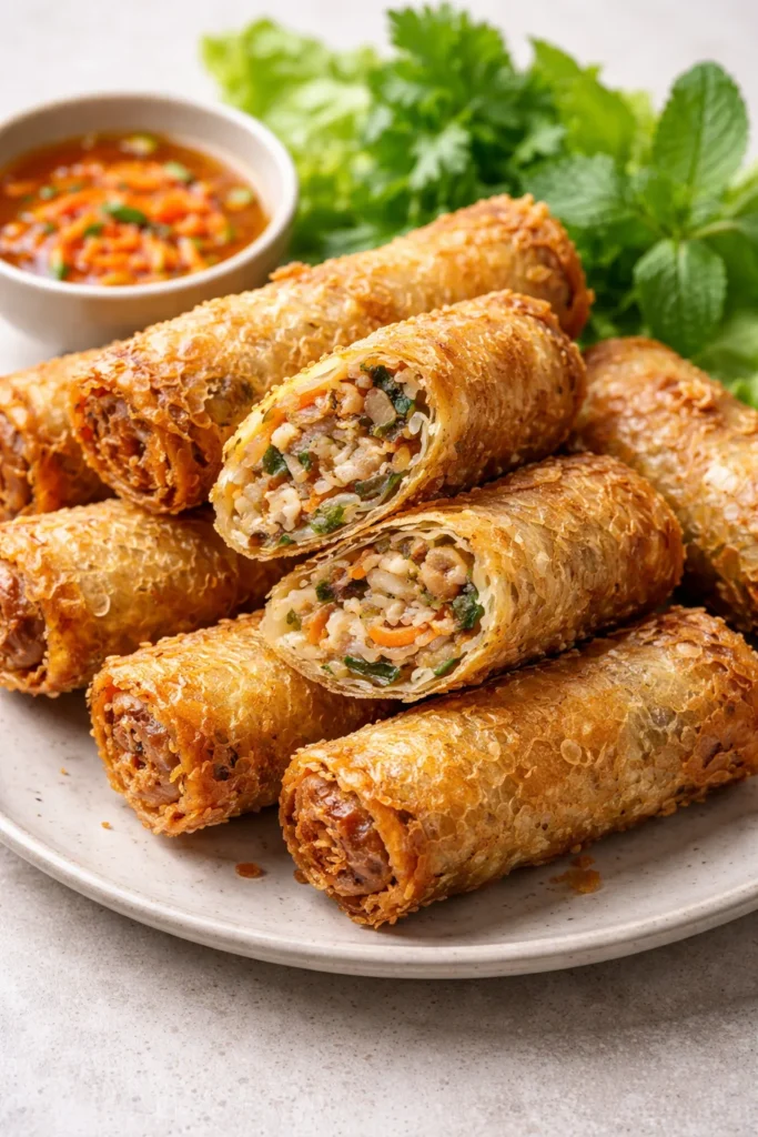 Golden crispy fried spring roll sliced to show pork and shrimp filling.