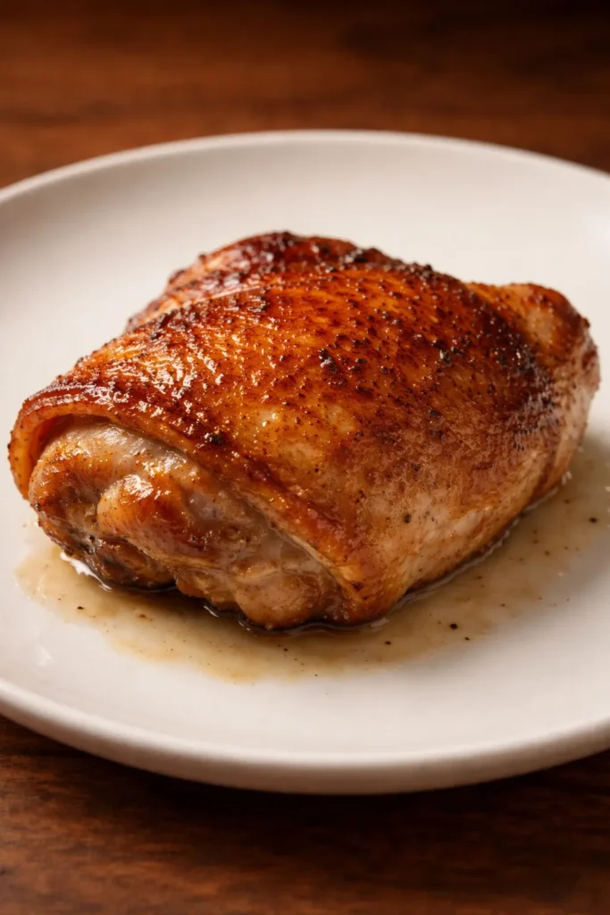 Single crispy chicken thigh on a plate, warm lighting.