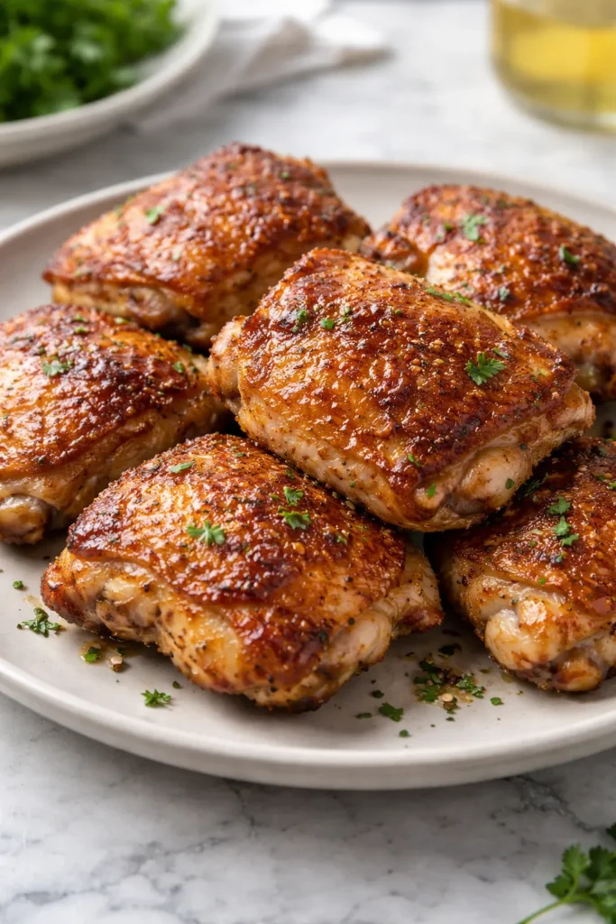 Crispy chicken thighs with blistered skin, finished under the broiler.