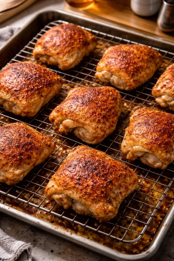 Classic oven-baked crispy chicken thighs on a wire rack over a baking sheet.