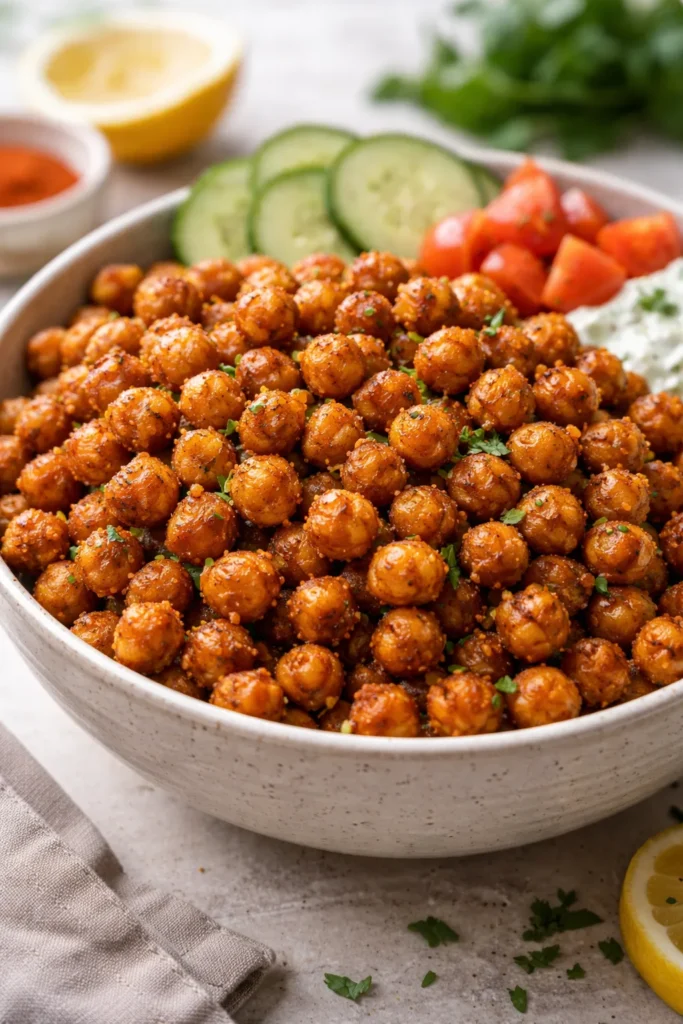 12 Air Fryer Dinners Crispy Without the Oil 13 Close-up of crispy air-fried chickpeas in a bowl, seasoned with spices.