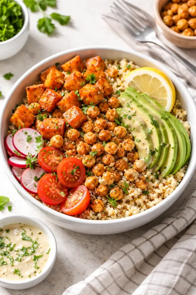 10 Easy Dinners for One That Feel Like a Treat 8 Bowl of crispy chickpeas and roasted sweet potato on grain base