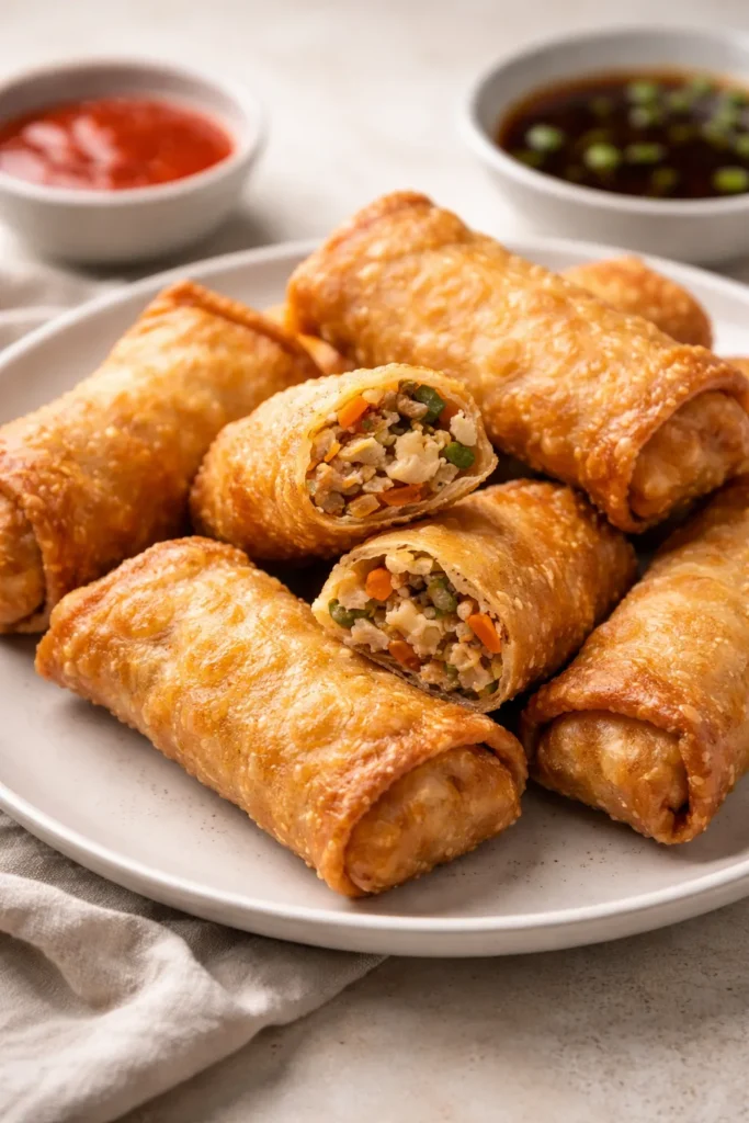 Golden fried egg rolls on a white plate