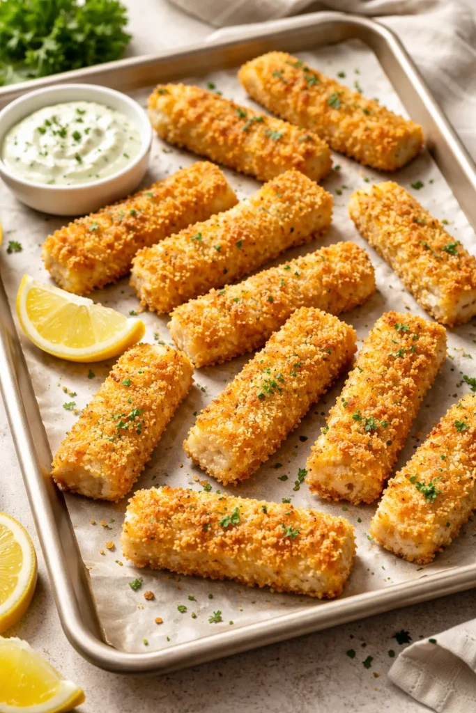 12 Kid-Friendly Dinners Beyond Chicken Nuggets 6 Gold-crusted homemade fish sticks on a parchment-lined baking sheet