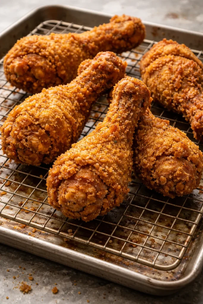 10 Crispy Chicken Drumstick Recipes for Dinner 6 Crispy fried chicken drumsticks with thick crust on rack