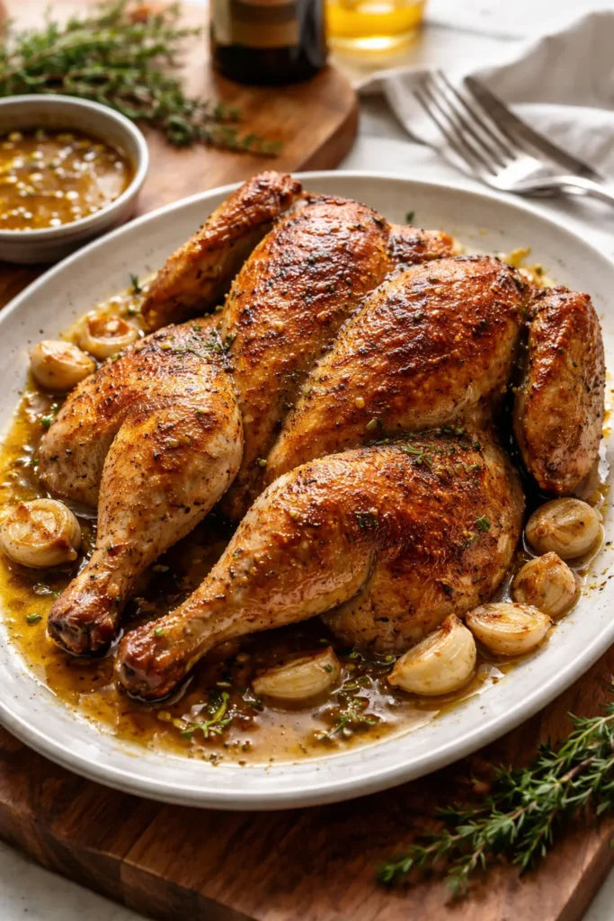 Crispy-skinned roast chicken with garlic pan sauce