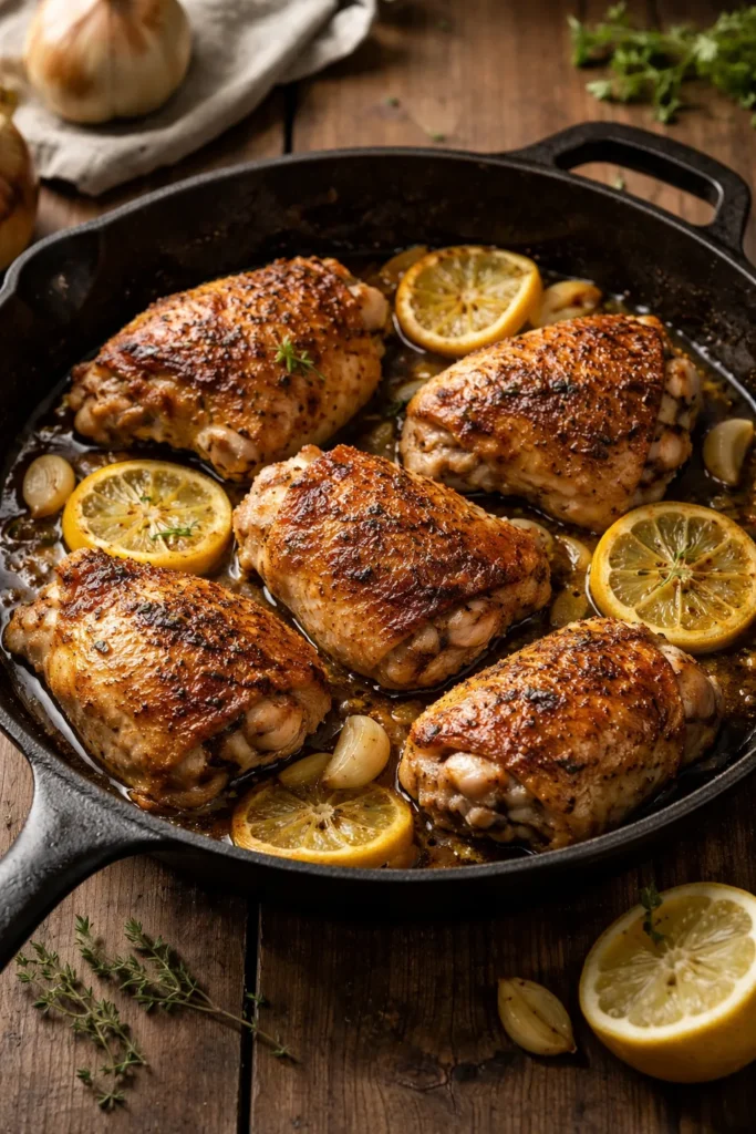 Crispy-skinned chicken thighs in cast iron skillet with lemon and garlic