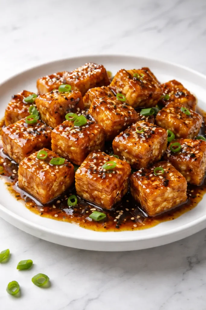 Crispy tofu cubes with glossy black pepper sauce