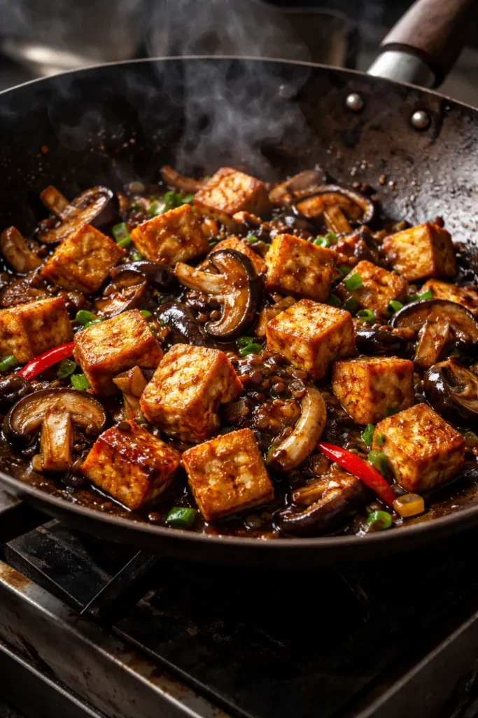 Crispy tofu cubes and mushrooms in black bean sauce
