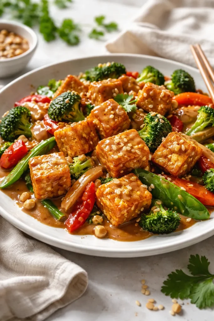 8 Vegetarian Dinners That Fill You Up 3 Crispy tofu and colorful vegetables with peanut sauce