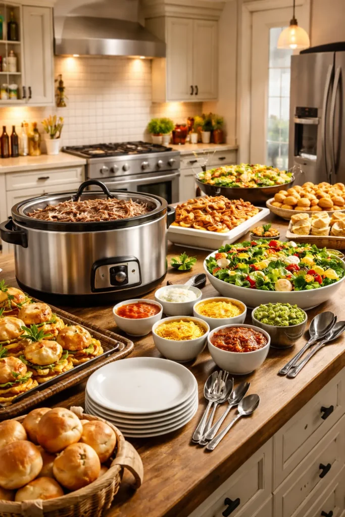 10 Easy Dinner Recipes for a Big Crowd 1 Concept montage of crowd-friendly cooking with a large slow cooker and self-serve setup