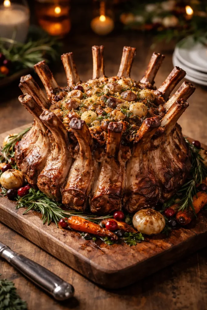 Crown roast of pork on wooden board with stuffing center