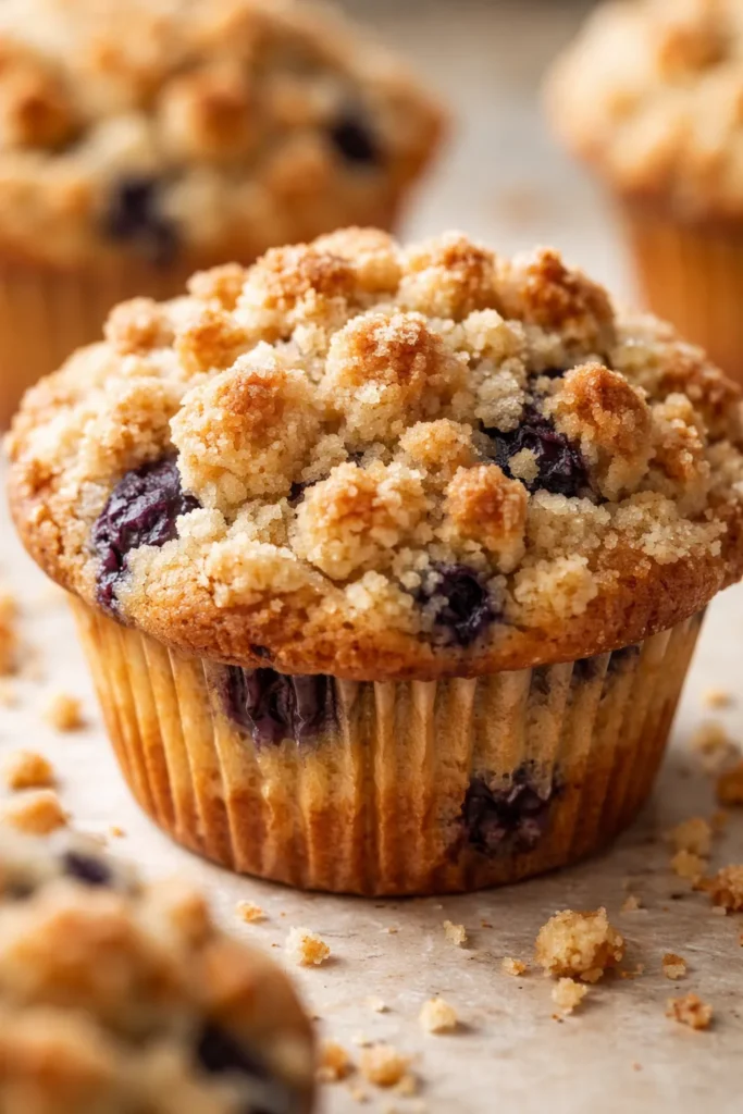 Close-up of muffin with crunchy crumble topping.