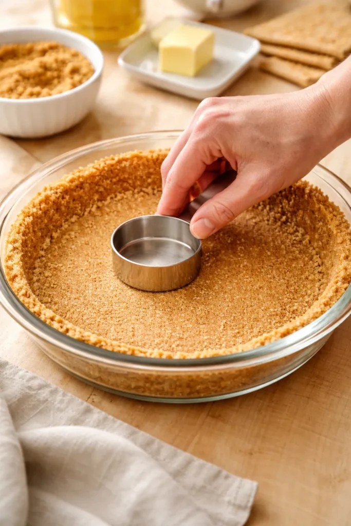 How to Make a Perfect Graham Cracker Crust 6 Hand pressing crust into pie plate with measuring cup for smooth, compact crust