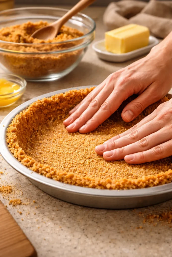 How to Make a Perfect Graham Cracker Crust 14 Hands pressing graham cracker crumbs into a pie pan with melted butter